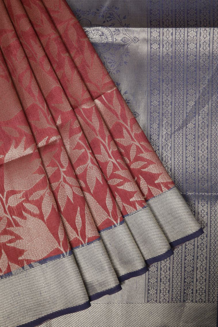 Rouge Pink Tussar Saree with Gold Zari Floral Patterns view 1