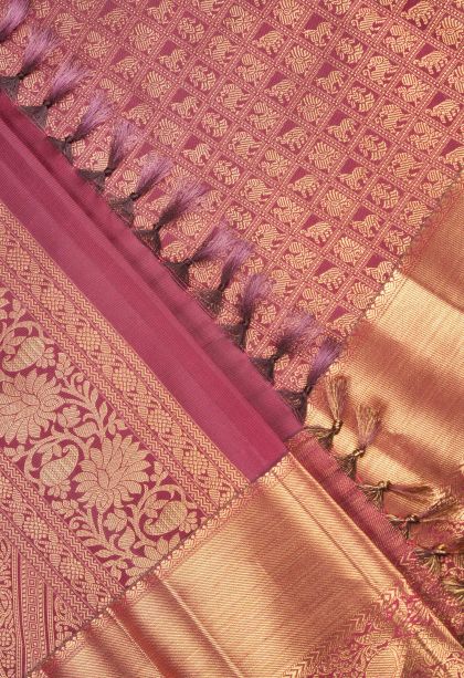 Cherry  Red Kanchipuram Silk Sarees with Gold Zari Animal And Bird Motifs