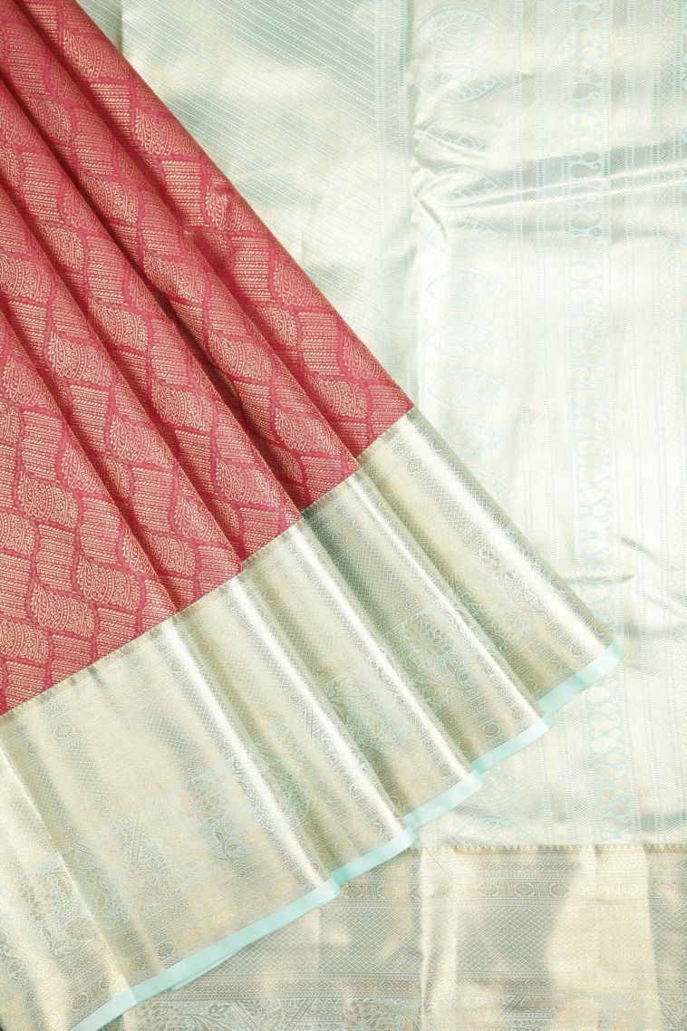 Apple Red Samudrika Pattu with Copper Zari Floral Patterns view 1