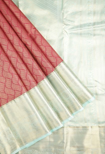 Apple Red Samudrika Pattu with Copper Zari Floral Patterns