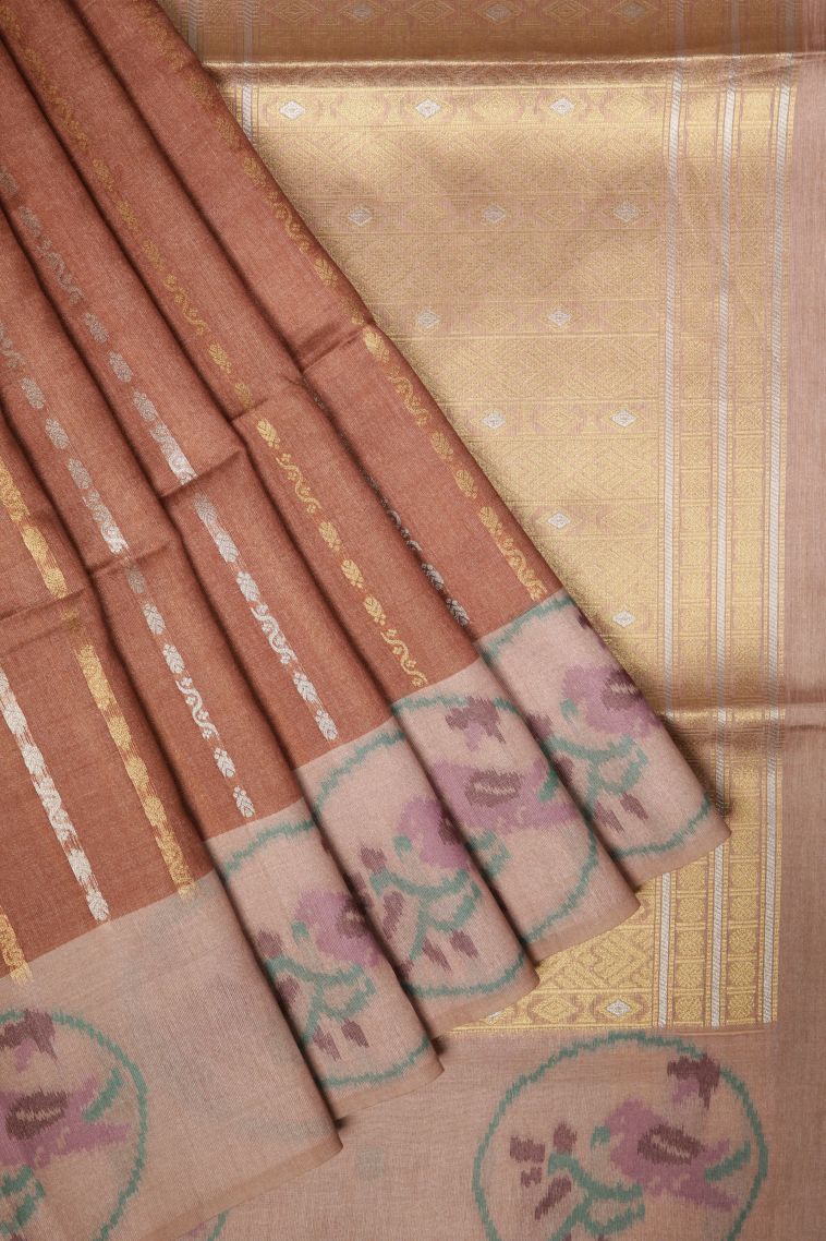 Bronze Orange Tussar Saree with Gold And Silver Zari Stripes view 1