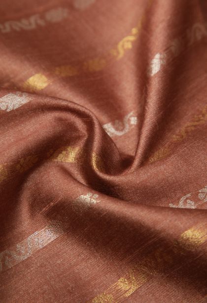 Bronze Orange Tussar Saree with Gold And Silver Zari Stripes