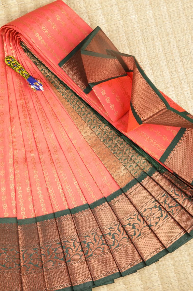 Coral Pink Visiri Madippu Silk Sarees with Copper Zari Stripes view 1