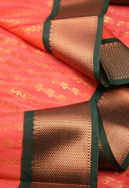 Coral Pink Visiri Madippu Silk Sarees with Copper Zari Stripes