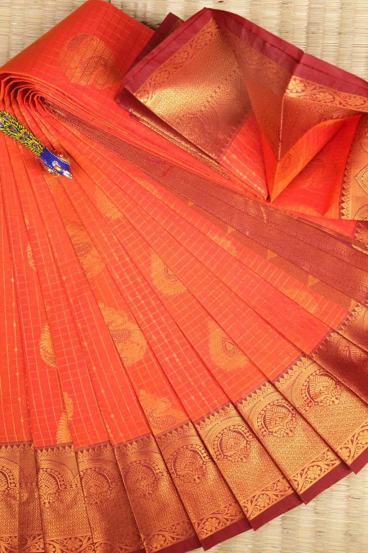 Strawberry Pink Visiri Madippu Silk Sarees with Copper Zari Checks view 1
