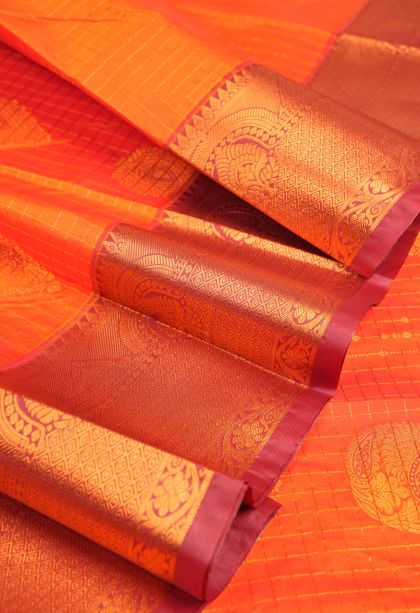 Strawberry Pink Visiri Madippu Silk Sarees with Copper Zari Checks
