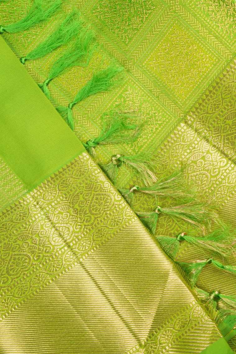 Chartreuse Green Kanchipuram Silk Sarees with Gold Zari Floral Patterns view 4