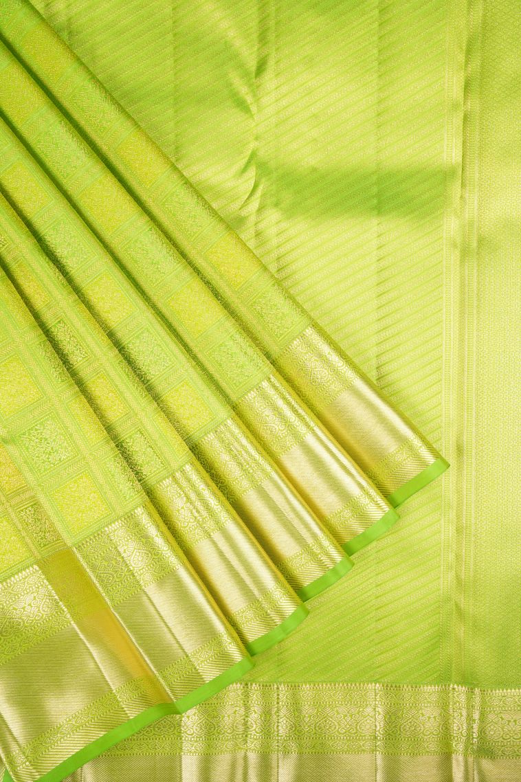 Chartreuse Green Kanchipuram Silk Sarees with Gold Zari Floral Patterns view 1
