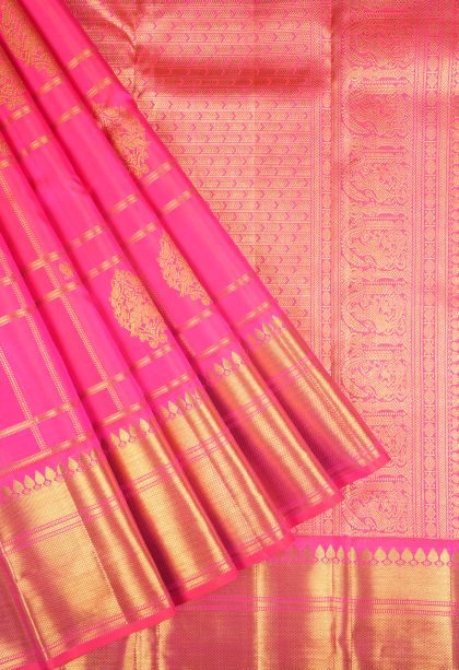 Strawberry Pink Kanchipuram Silk Sarees with Gold Zari Checks