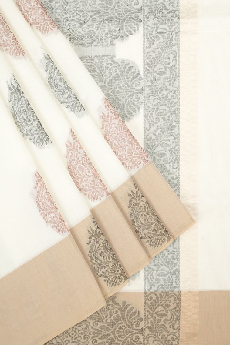 Porcelain White Kovai Cotton Sarees with Without Zari Zari Buttis (small Dots Or Motifs) view 1