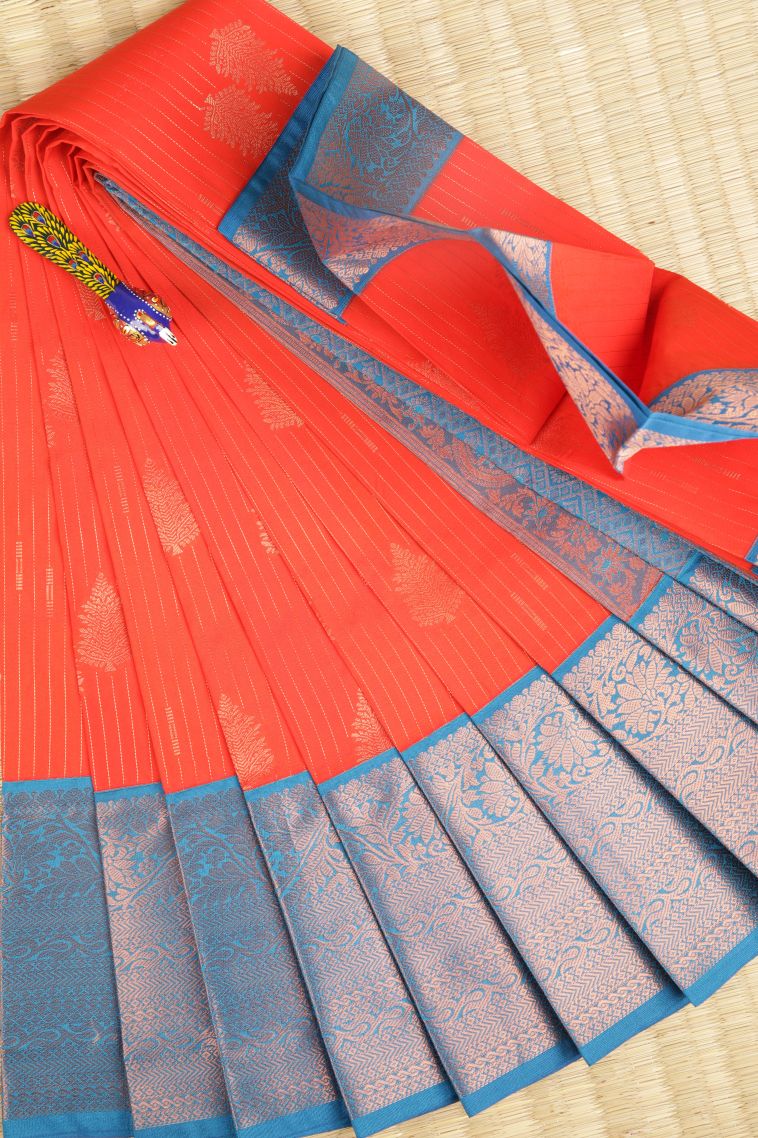 Clay Orange Visiri Madippu Silk Sarees with Copper Zari Stripes view 1