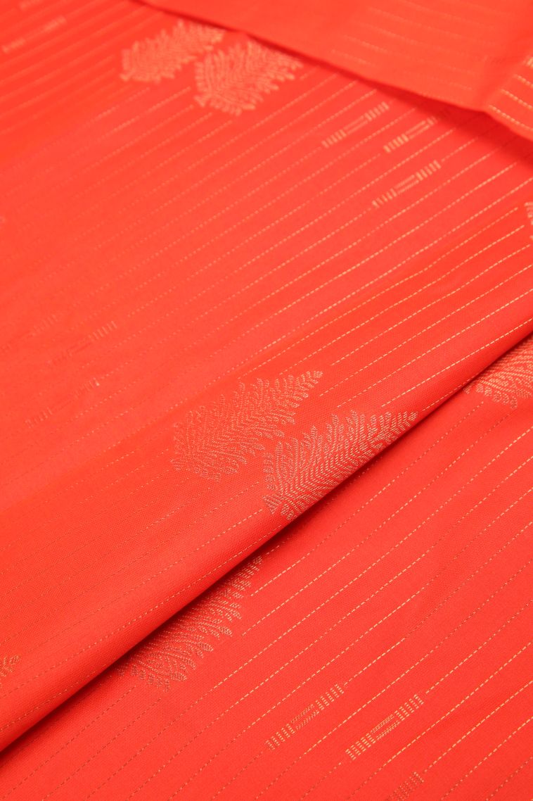 Clay Orange Visiri Madippu Silk Sarees with Copper Zari Stripes view 4
