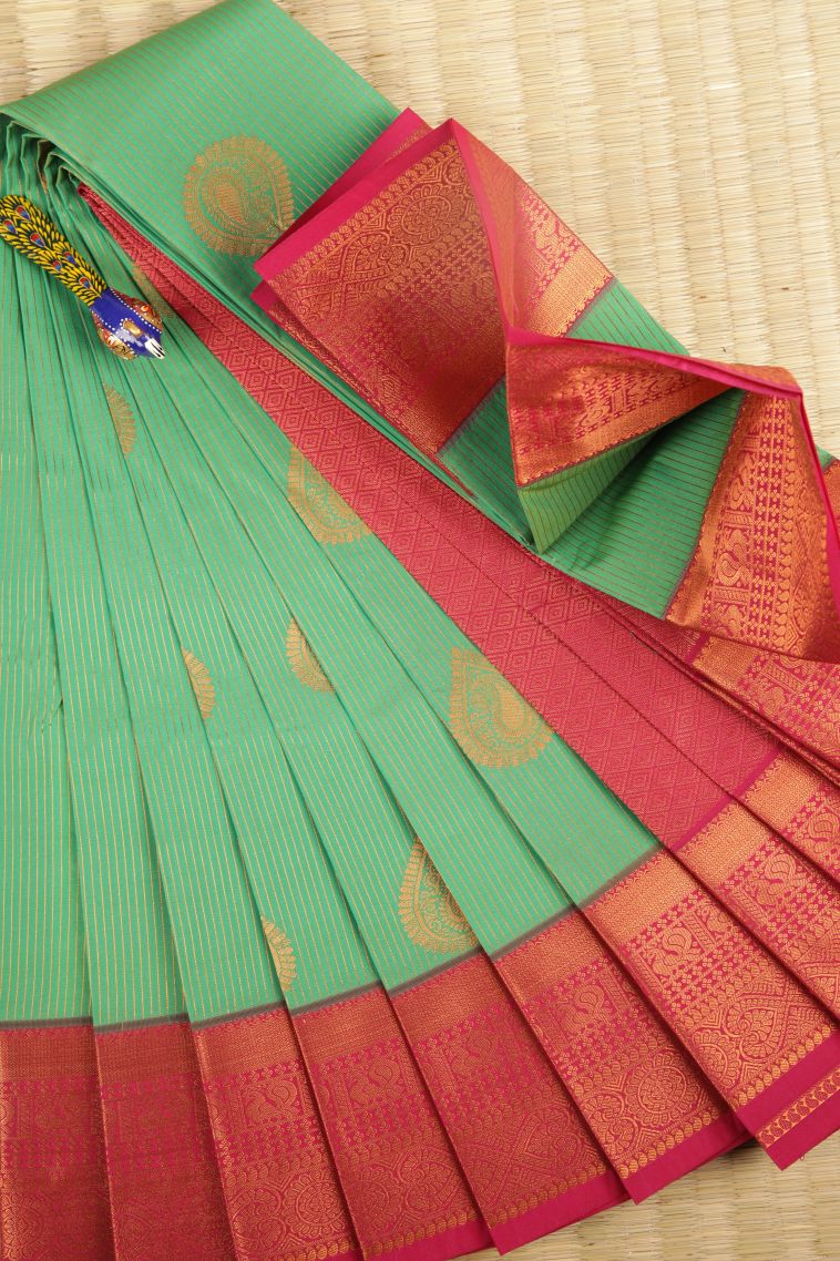 Mint Green Visiri Madippu Silk Sarees with Copper Zari Stripes view 1