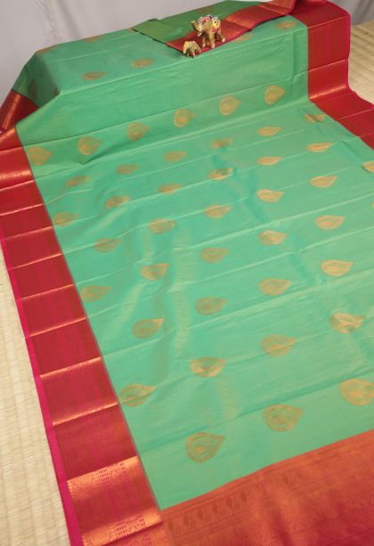 Mint Green Visiri Madippu Silk Sarees with Copper Zari Stripes