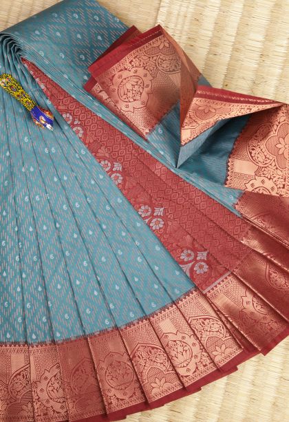 Cerulean Blue Visiri Madippu Silk Sarees with Copper Zari Stripes