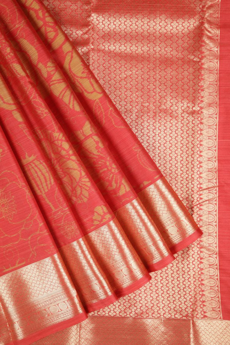 Fire Orange Soft Silk Sarees with Without Zari Zari Floral Patterns view 1