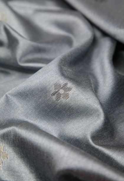 Gray Black Tussar Saree with Bronze Zari Buttis (small Dots Or Motifs)