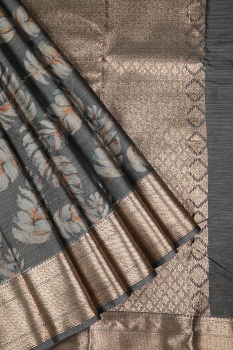 Gray Black Soft Silk Sarees with Without Zari Zari Floral Patterns view 1