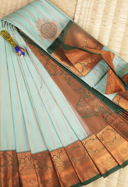 Arctic Blue Visiri Madippu Silk Sarees with Copper Zari Stripes