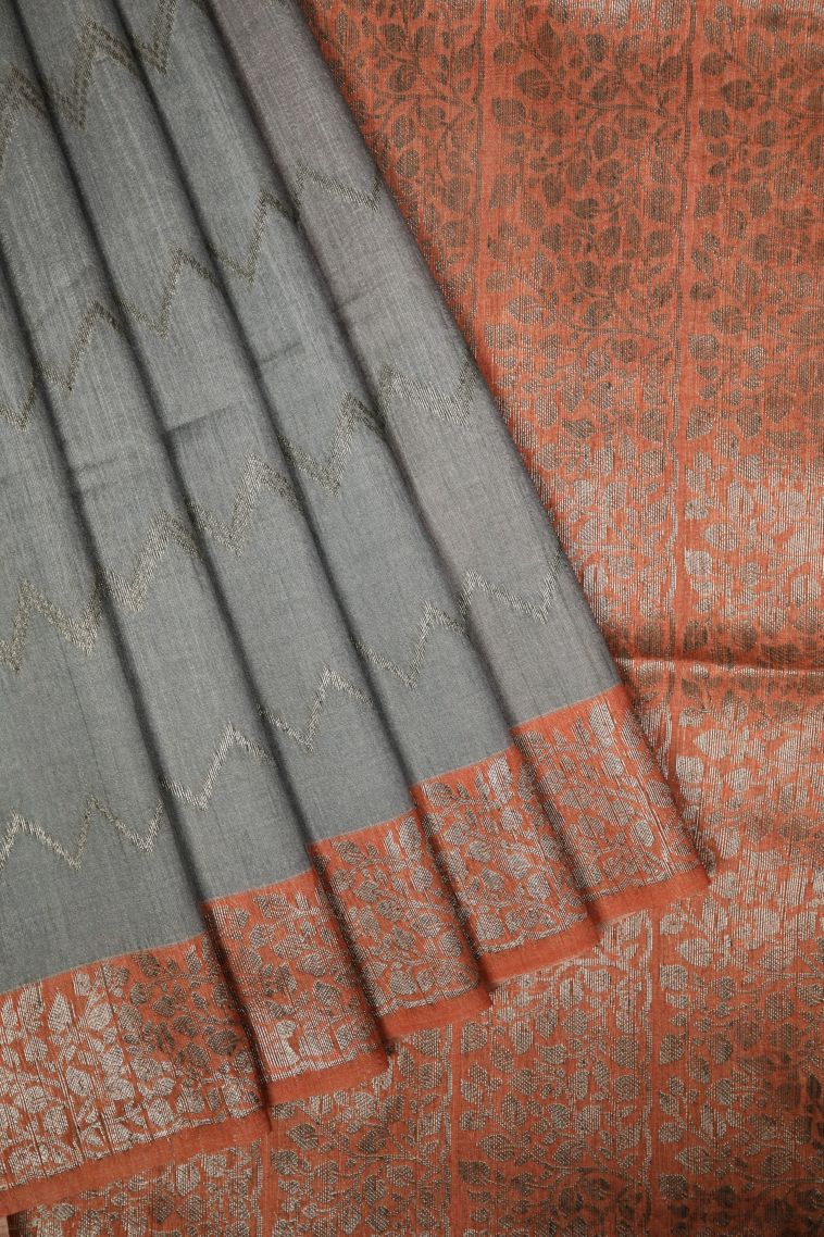 Gray Black Tussar Saree with Bronze Zari Buttis (small Dots Or Motifs) view 1
