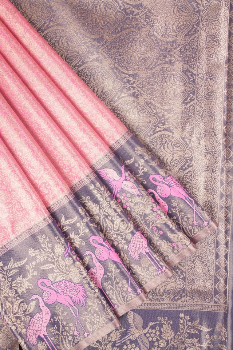 Rose Pink Tissue Silk Sarees with Copper Zari Floral Patterns view 1
