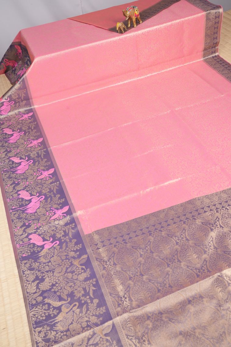Rose Pink Tissue Silk Sarees with Copper Zari Floral Patterns view 2