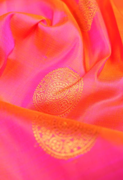 Strawberry Pink Kanchipuram Silk Sarees with Gold Zari Buttis (small Dots Or Motifs)
