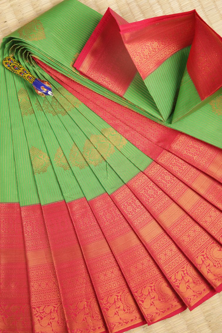 Basil Green Visiri Madippu Silk Sarees with Copper Zari Stripes view 1