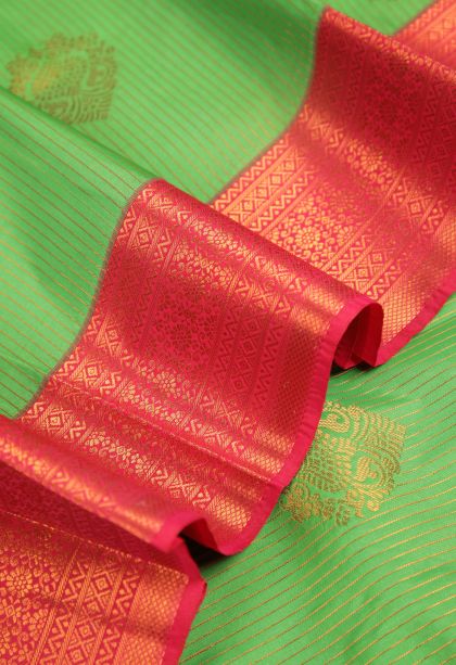 Basil Green Visiri Madippu Silk Sarees with Copper Zari Stripes