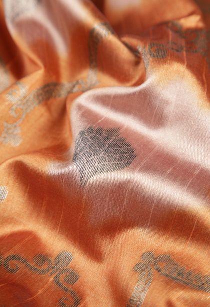 Apricot Orange Tussar Saree with Bronze Zari Floral Patterns