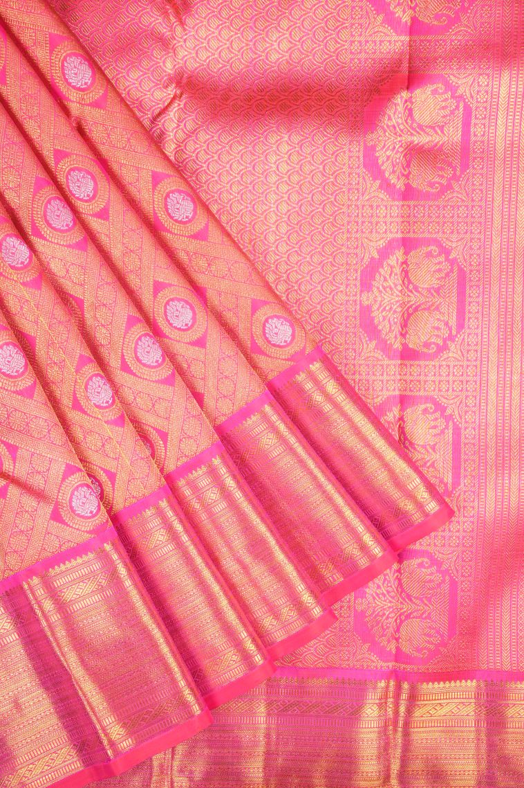 Punch Pink Kanchipuram Silk Sarees with Gold And Silver Zari Floral Patterns view 1