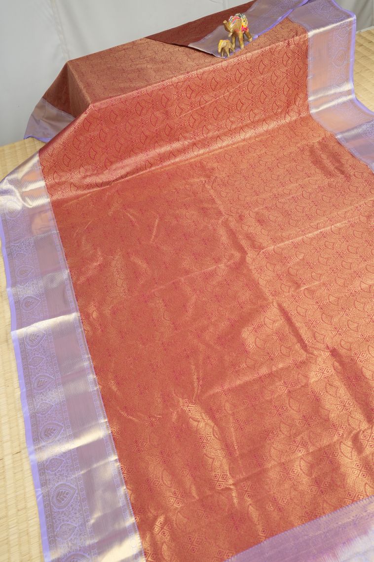 Apple Red Samudrika Pattu with Copper Zari Floral Patterns view 2