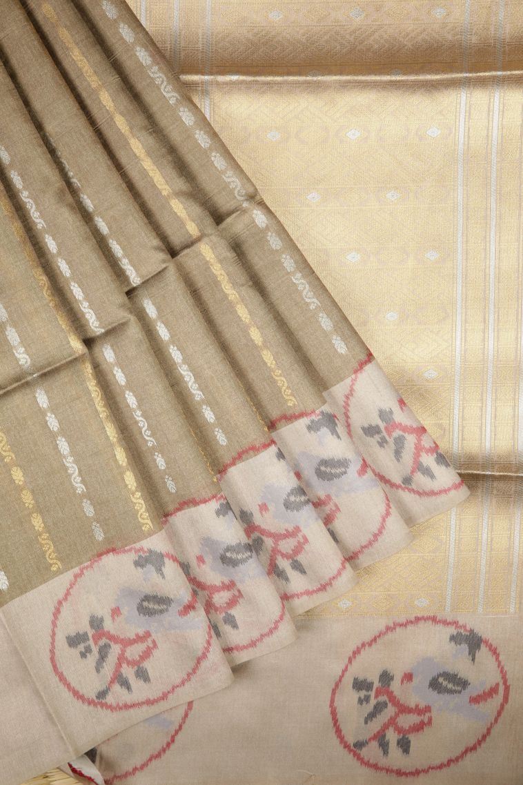 Tortilla Brown Tussar Saree with Gold And Silver Zari Stripes view 1