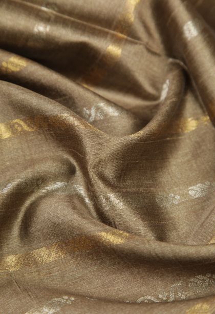 Tortilla Brown Tussar Saree with Gold And Silver Zari Stripes