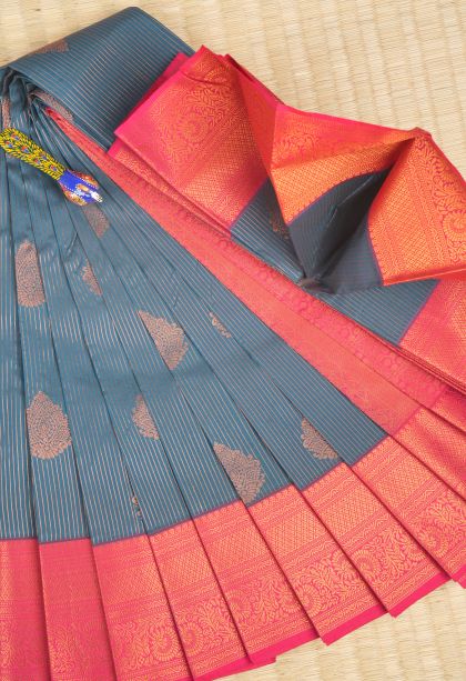 Aegean Blue Visiri Madippu Silk Sarees with Copper Zari Stripes