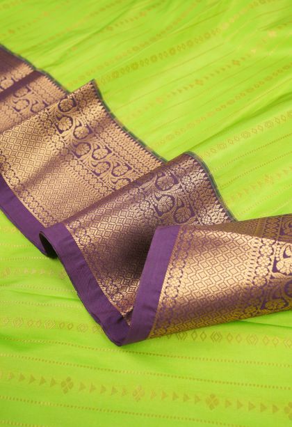Chartreuse Green Visiri Madippu Silk Sarees with Copper Zari Stripes