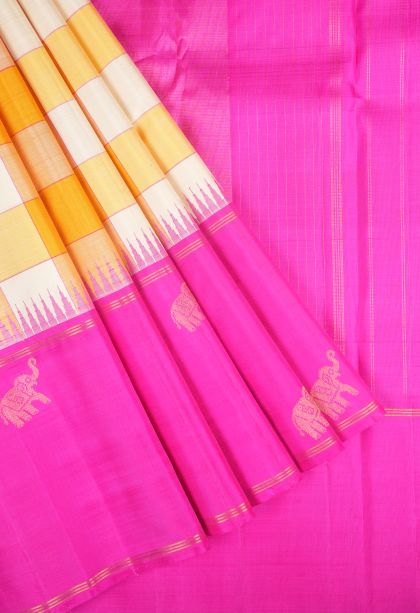Lemon Yellow Kanchipuram Silk Sarees with Without Zari Zari Checks