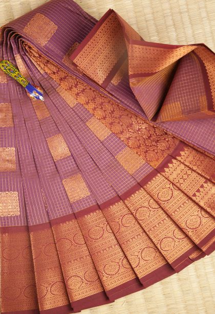 Mauve Purple Visiri Madippu Silk Sarees with Copper Zari Checks