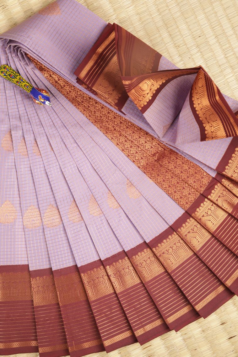 Lavender Purple Visiri Madippu Silk Sarees with Copper Zari Checks view 1