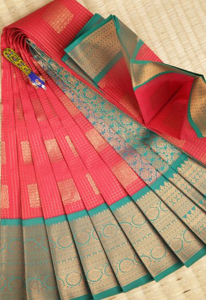 Strawberry Pink Visiri Madippu Silk Sarees with Copper Zari Checks
