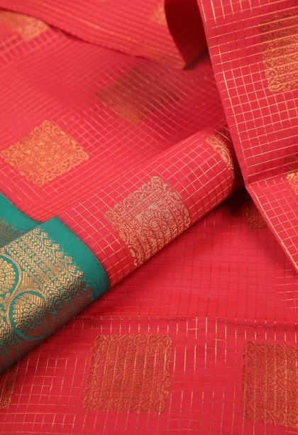 Strawberry Pink Visiri Madippu Silk Sarees with Copper Zari Checks