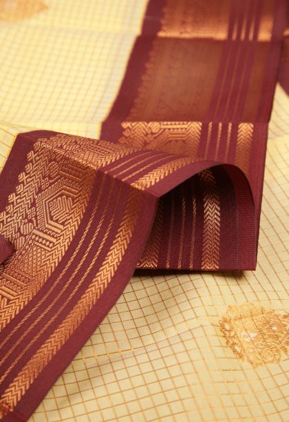 Alabaster White Visiri Madippu Silk Sarees with Copper Zari Checks