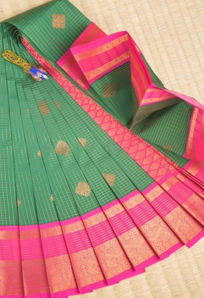 Basil Green Visiri Madippu Silk Sarees with Copper Zari Checks