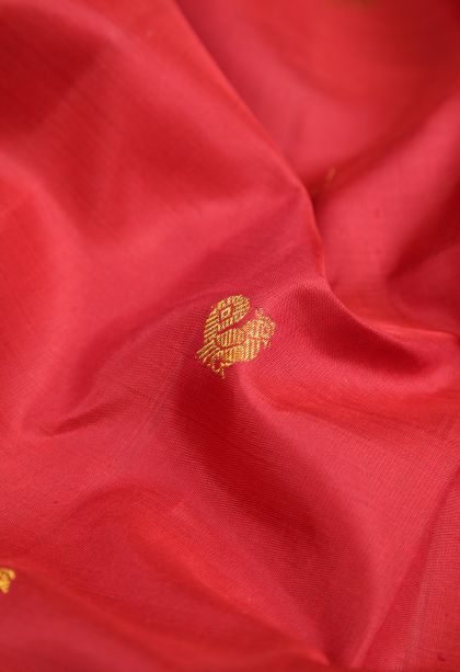Rose  Red Kanchipuram Silk Sarees with Gold Zari Buttis (small Dots Or Motifs)
