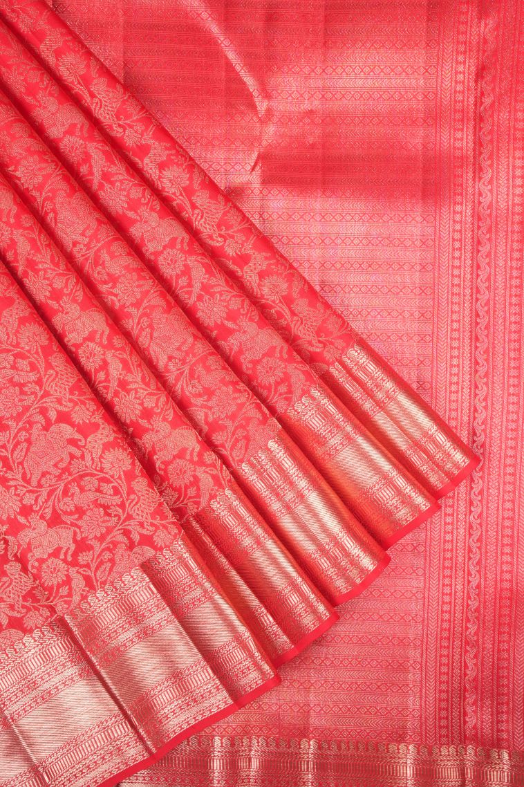 Candy Red Kanchipuram Silk Sarees with Gold Zari Floral Patterns view 1