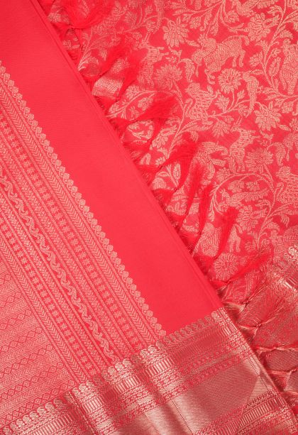 Candy Red Kanchipuram Silk Sarees with Gold Zari Floral Patterns