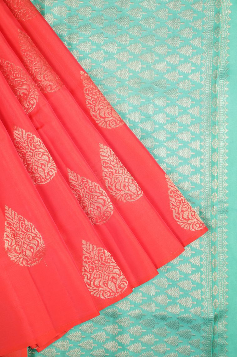 Strawberry Pink Soft Silk Saree with Copper Zari Buttis (small Dots Or Motifs) view 1