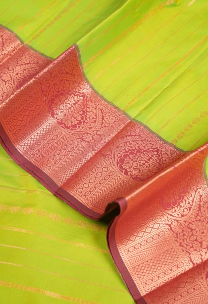 Lime Green Visiri Madippu Silk Sarees with Copper Zari Stripes