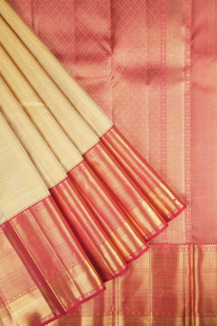 Cream White Kanchipuram Silk Sarees with Gold Zari Stripes view 1