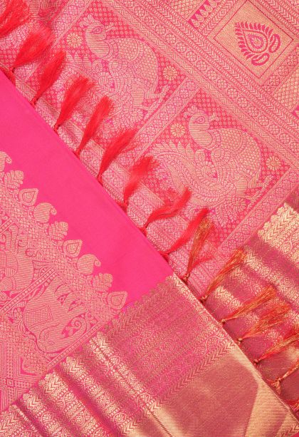Rose  Red Kanchipuram Silk Sarees with Gold Zari Floral Patterns